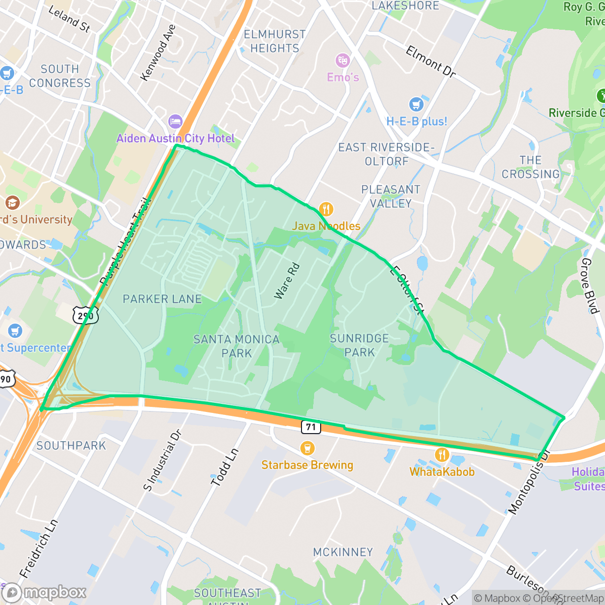 Map showing the location of Parker Lane, Austin, TX