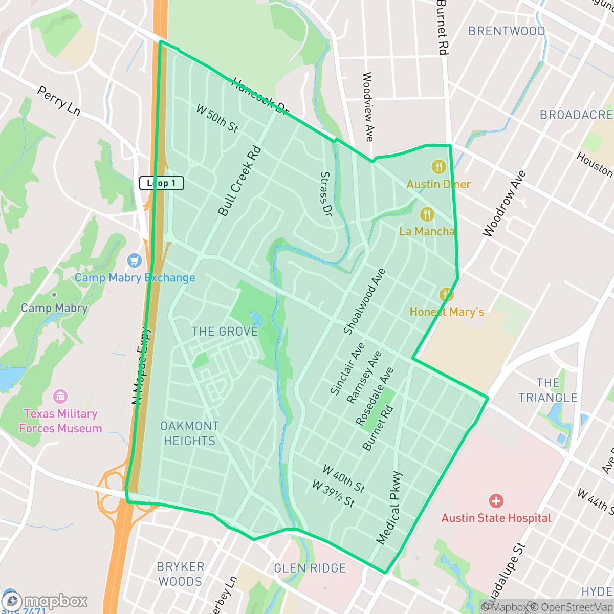 Map showing the location of Rosedale, Austin, TX
