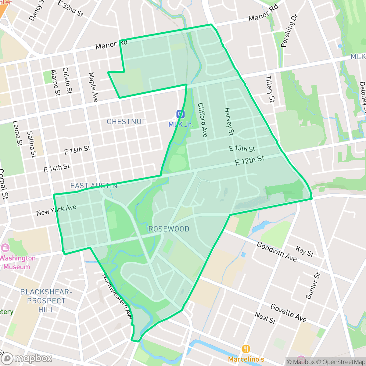 Map showing the location of Rosewood, Austin, TX