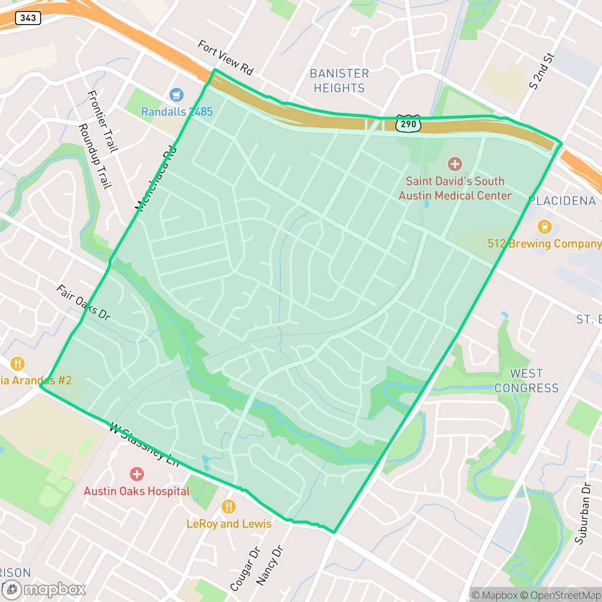 Map showing the location of South Manchaca, Austin, TX