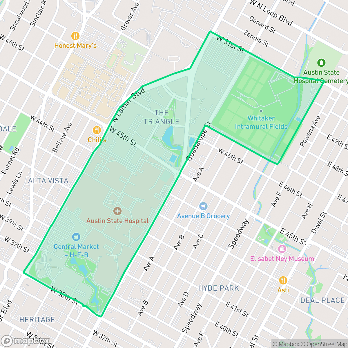 Map showing the location of Triangle State, Austin, TX