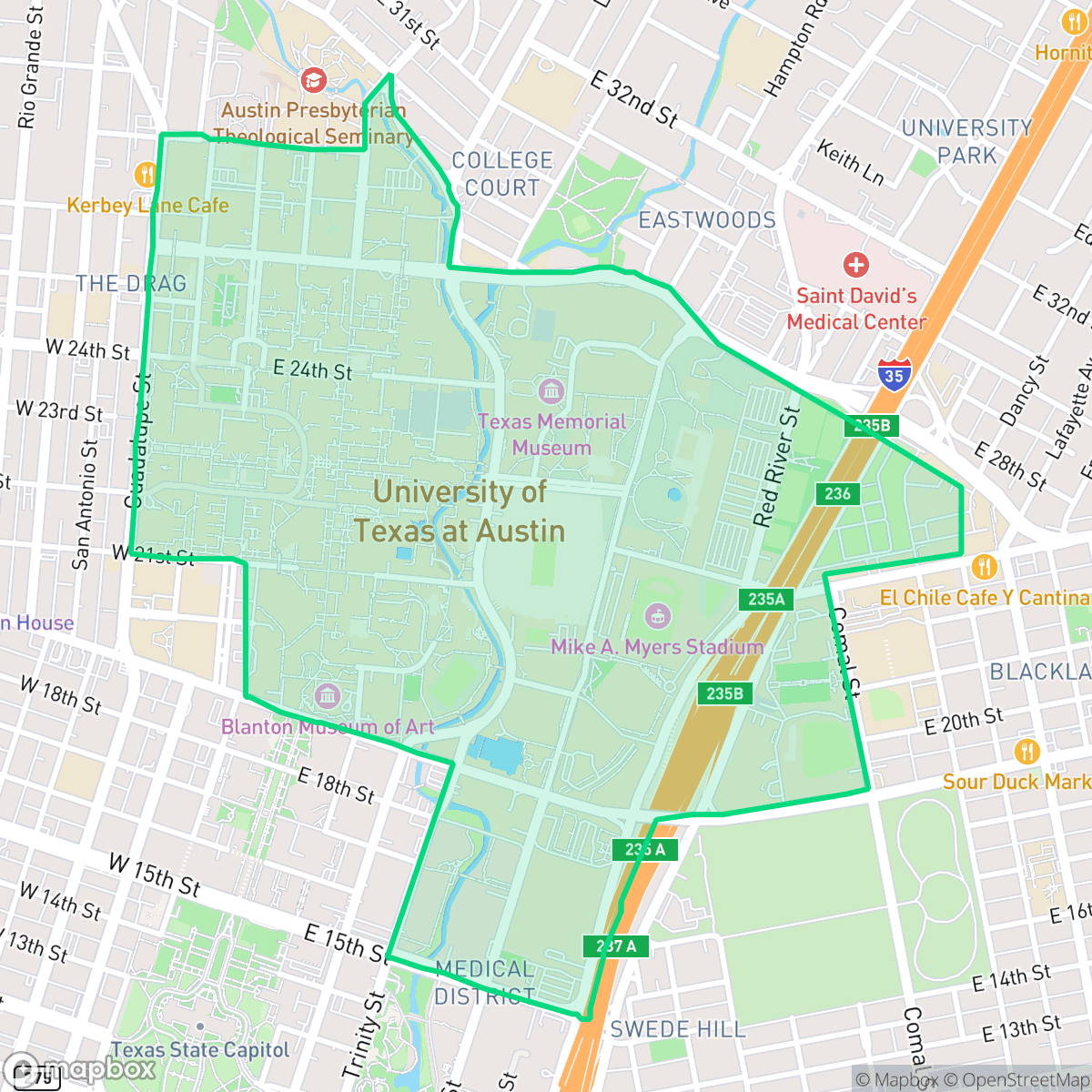 Map showing the location of University of Texas, Austin, TX