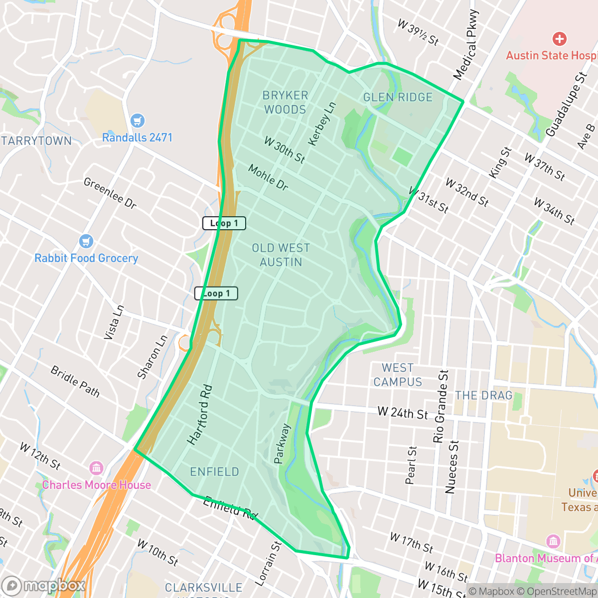 Map showing the location of Windsor Road, Austin, TX