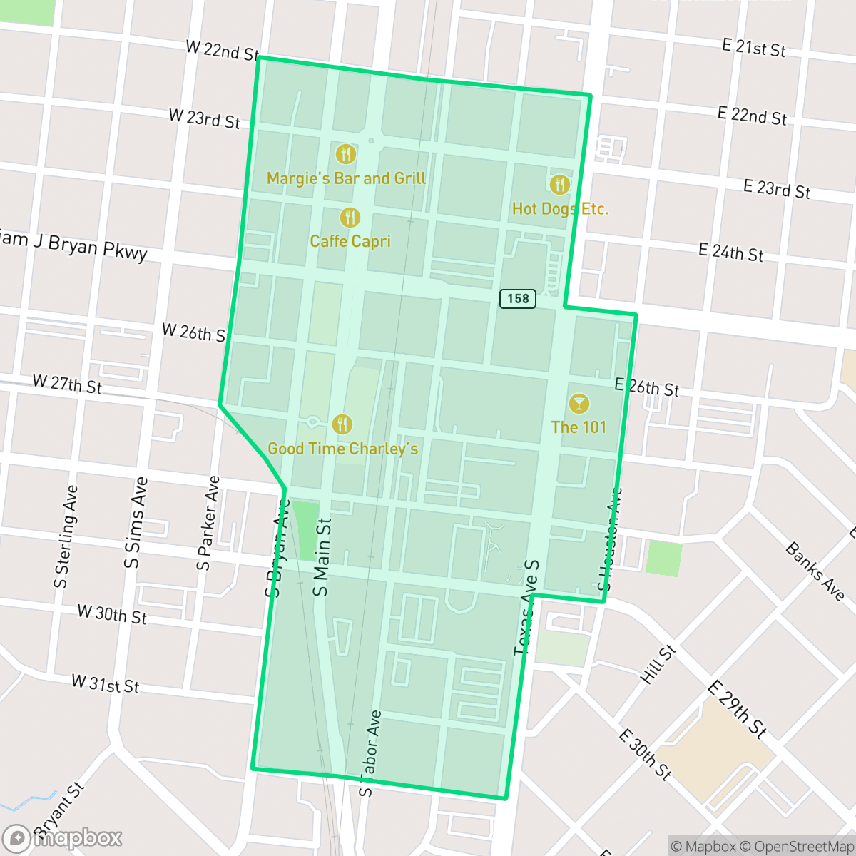 Map showing the location of Downtown, Bryan, TX