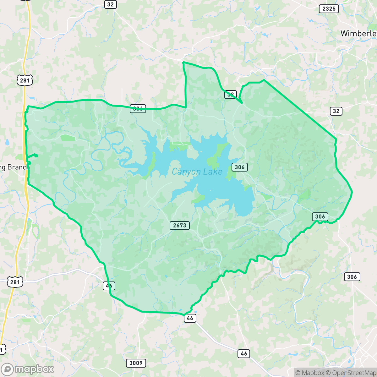 Map showing the location of Canyon Lake, TX — coverage area