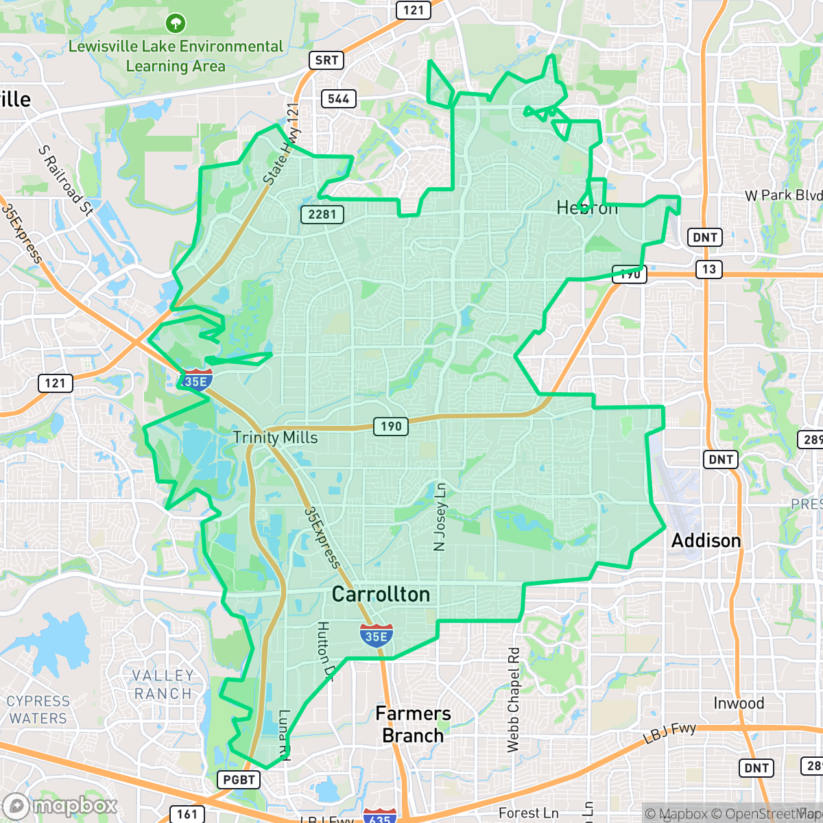 Map showing the location of Carrollton, TX — coverage area