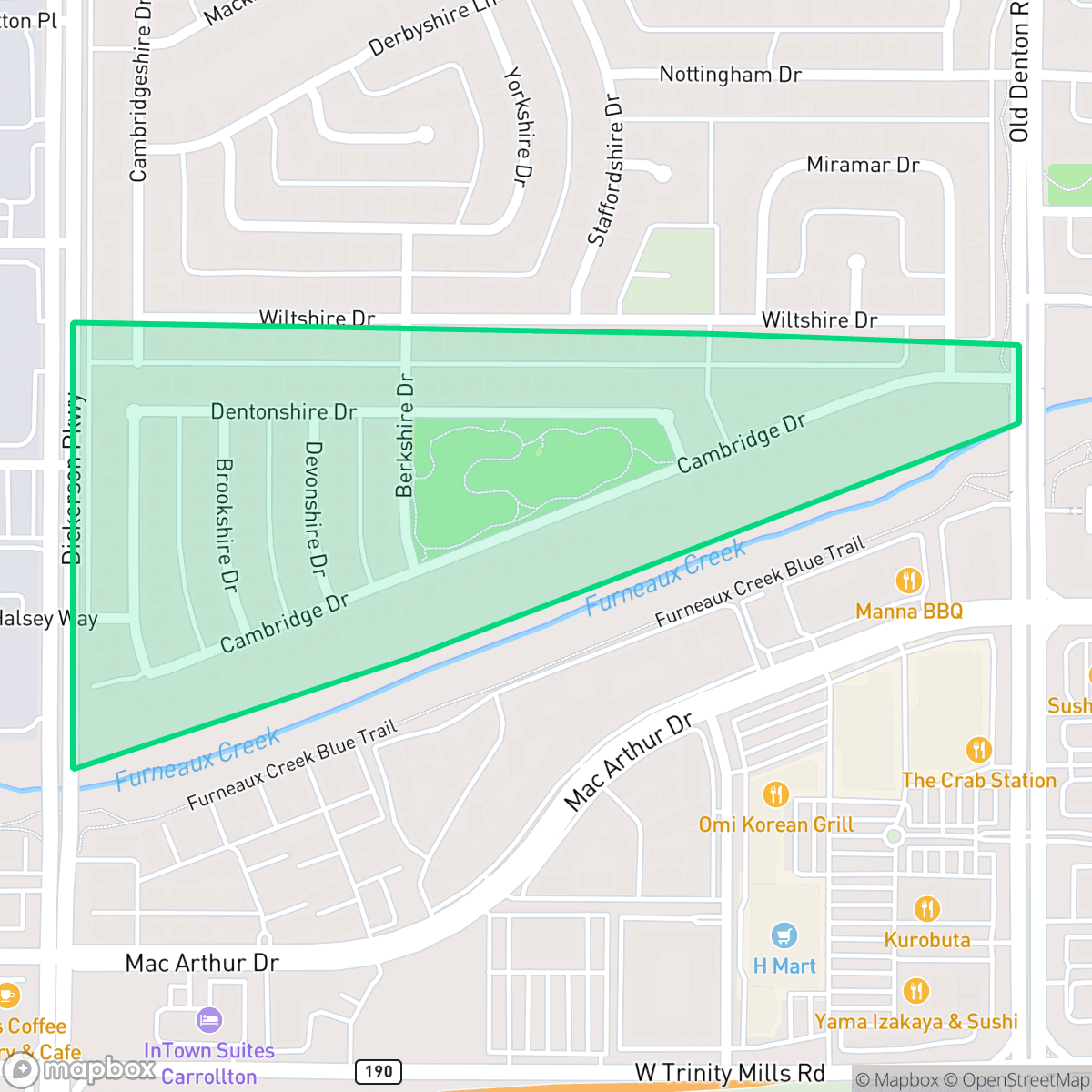 Map showing the location of Cambridge Estates, Carrollton, TX