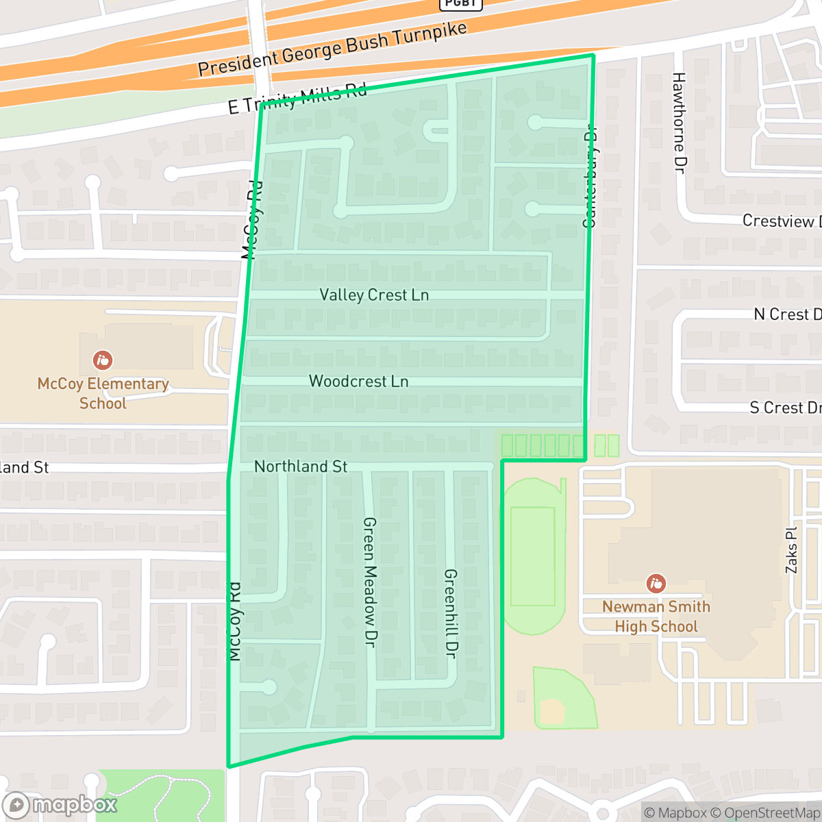 Map showing the location of Mcoy Estates, Carrollton, TX