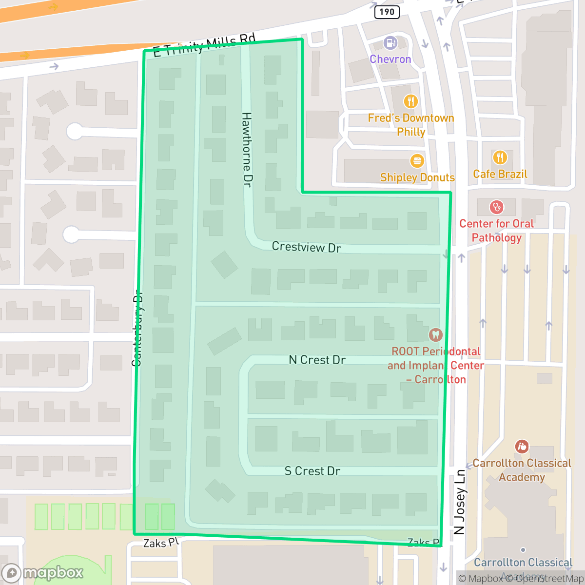 Map showing the location of Trinity Mills, Carrollton, TX