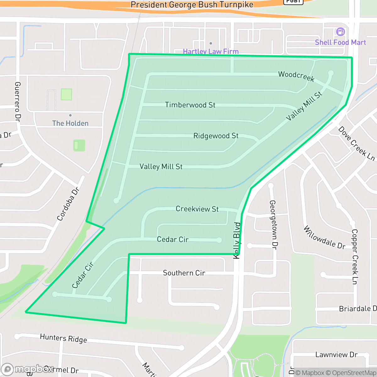 Map showing the location of Woodcreek, Carrollton, TX