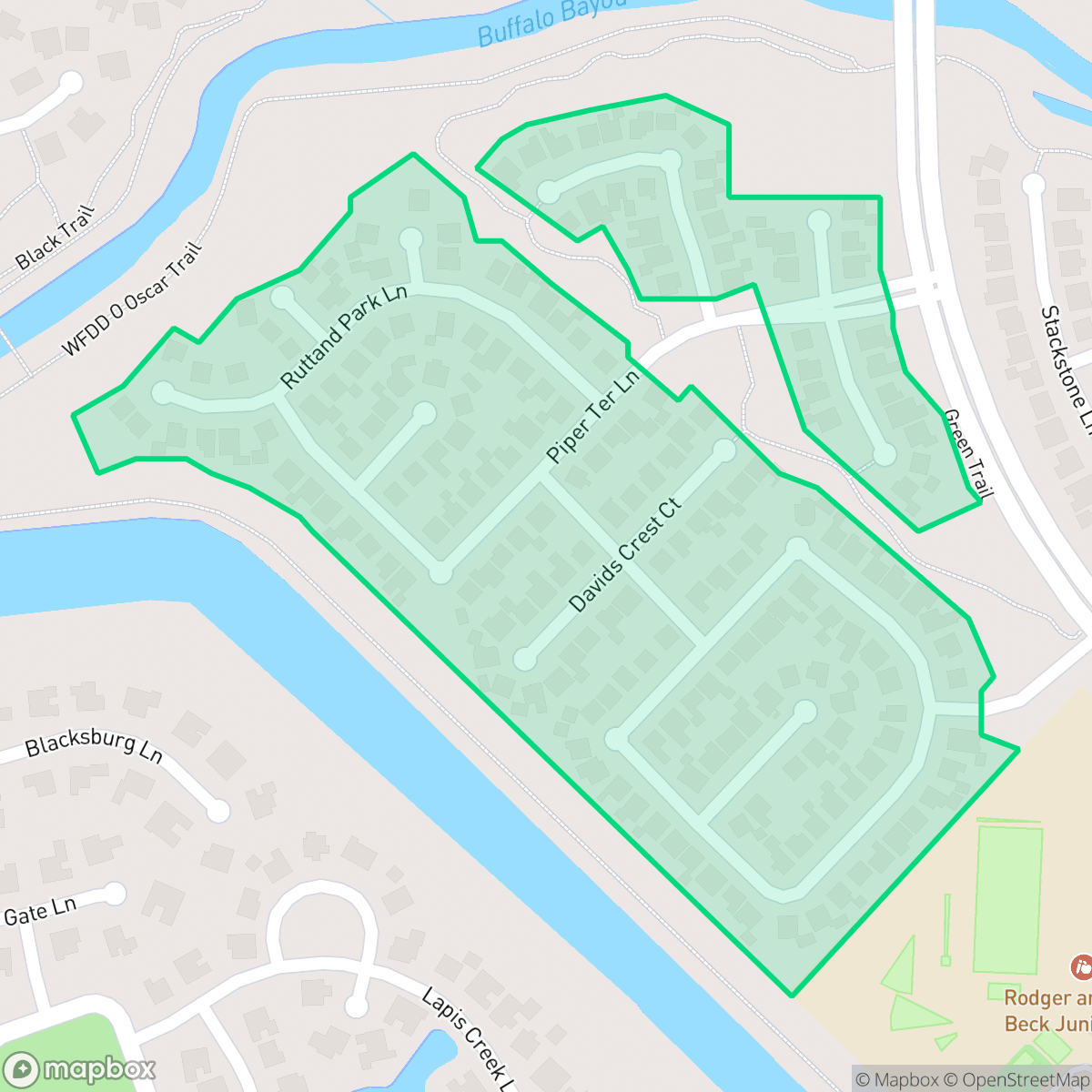 Map showing the location of Bayou Crossing, Cinco Ranch, TX