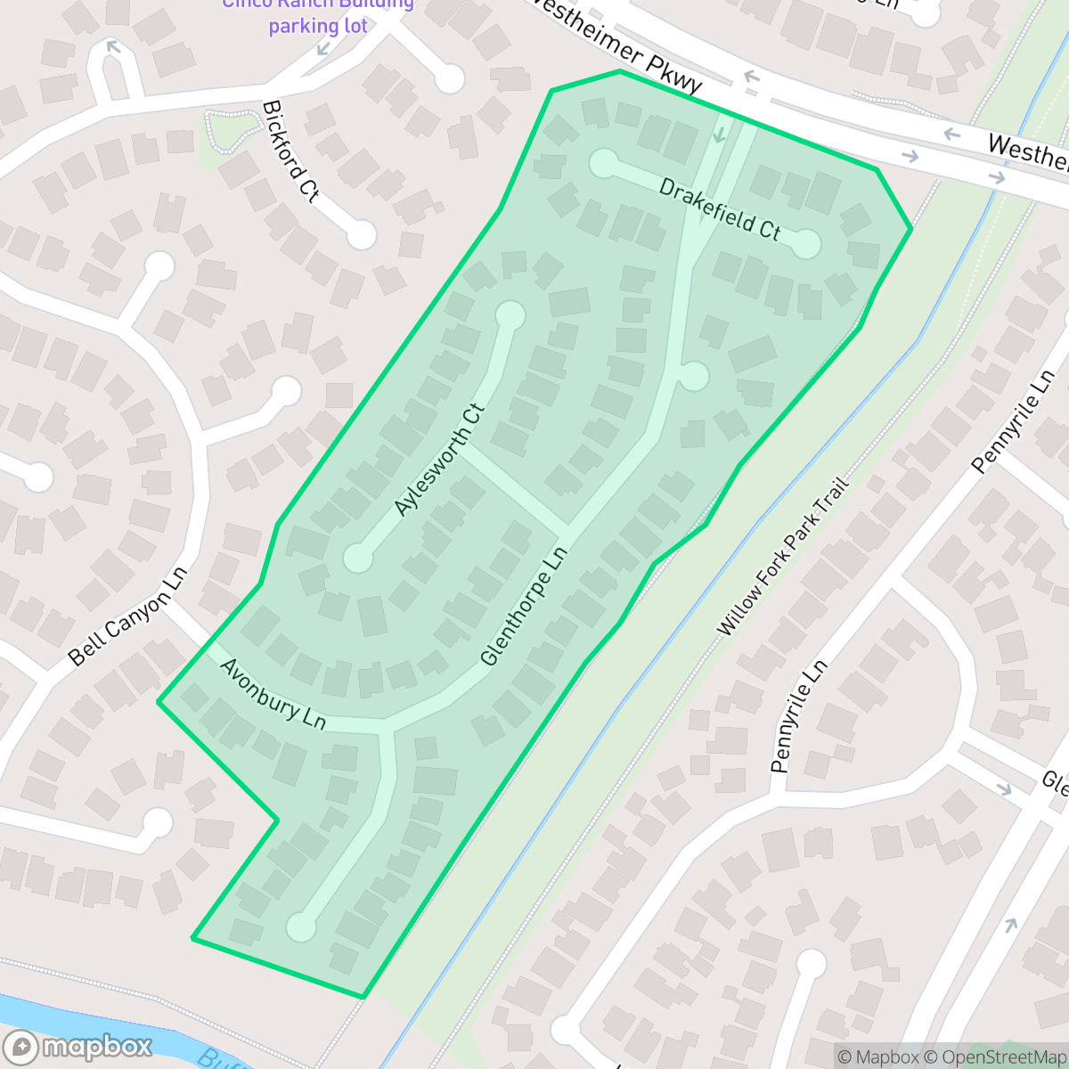 Map showing the location of Prairie Grove, Cinco Ranch, TX