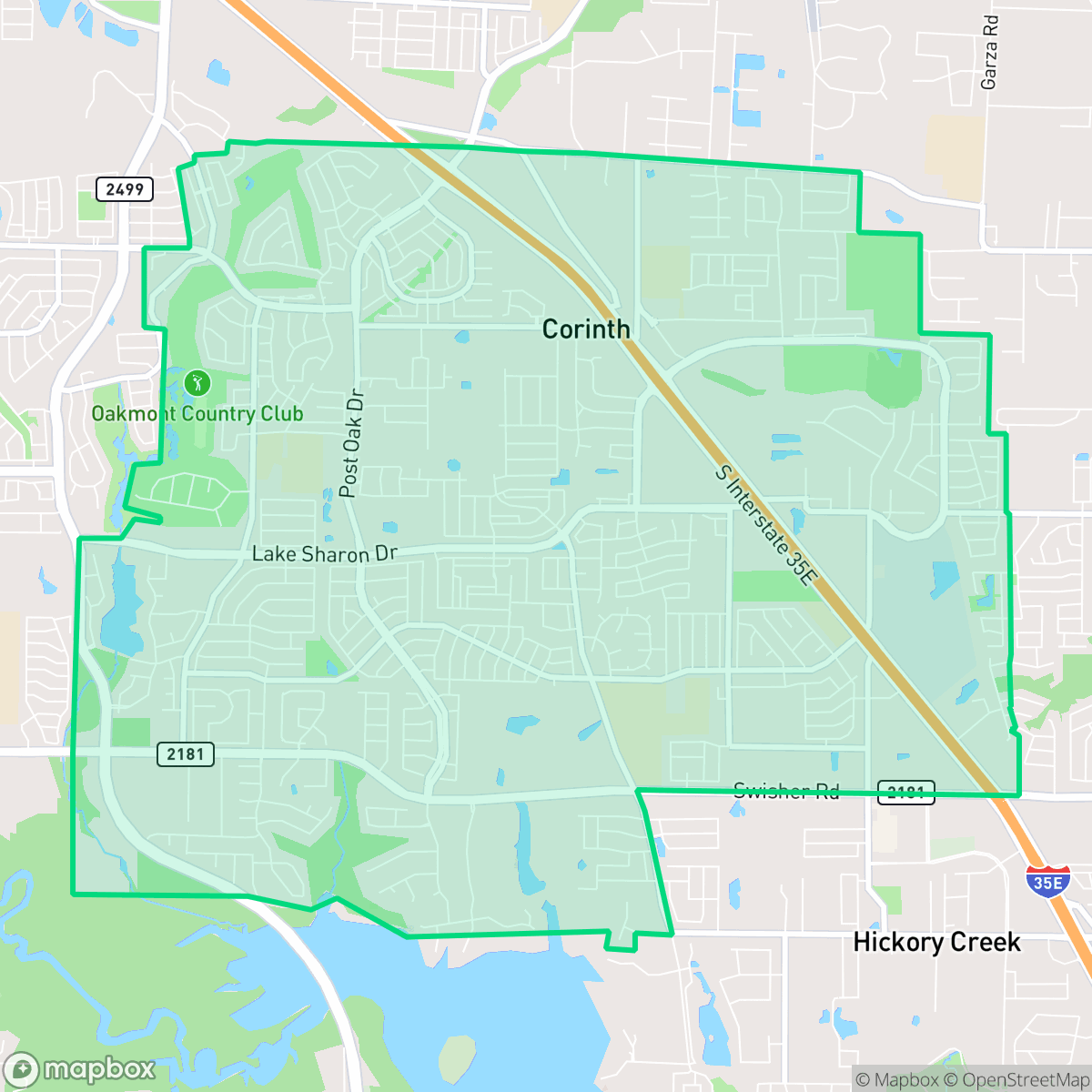 Map showing the location of Corinth, TX — coverage area
