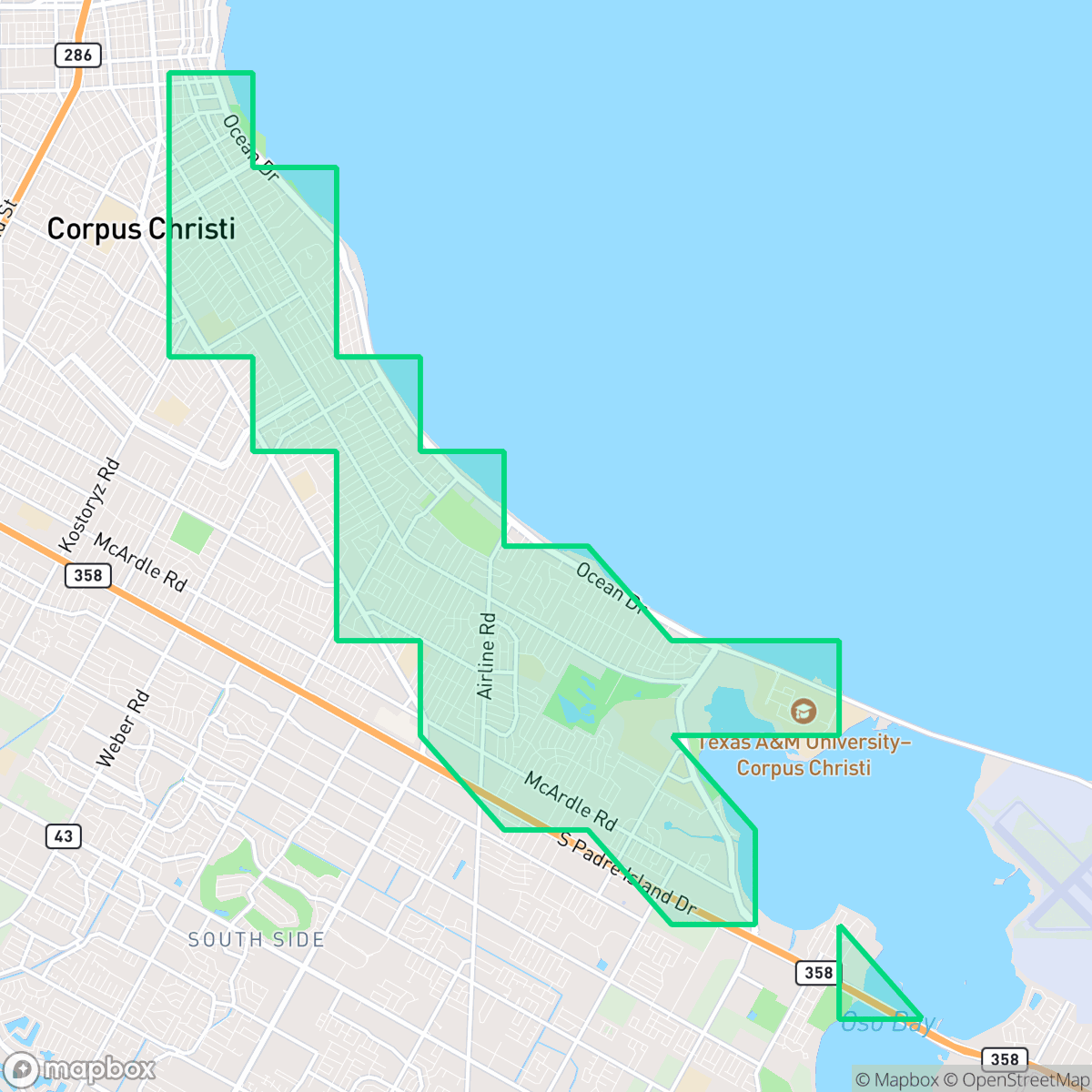 Map showing the location of Bay Area, Corpus Christi, TX