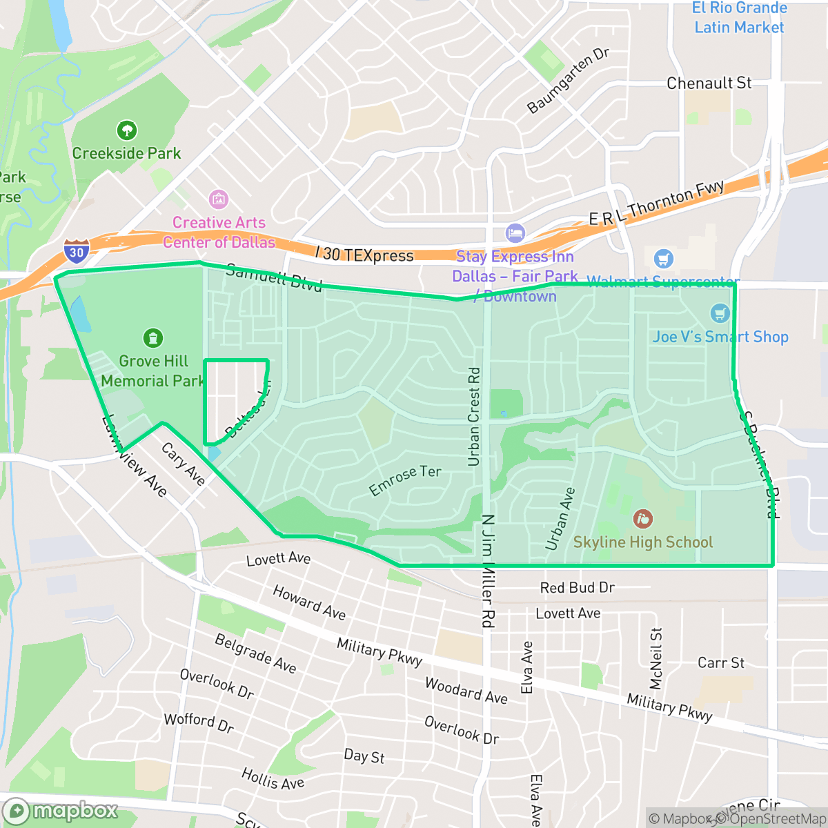 Map showing the location of Buckner Terrace, Dallas, TX