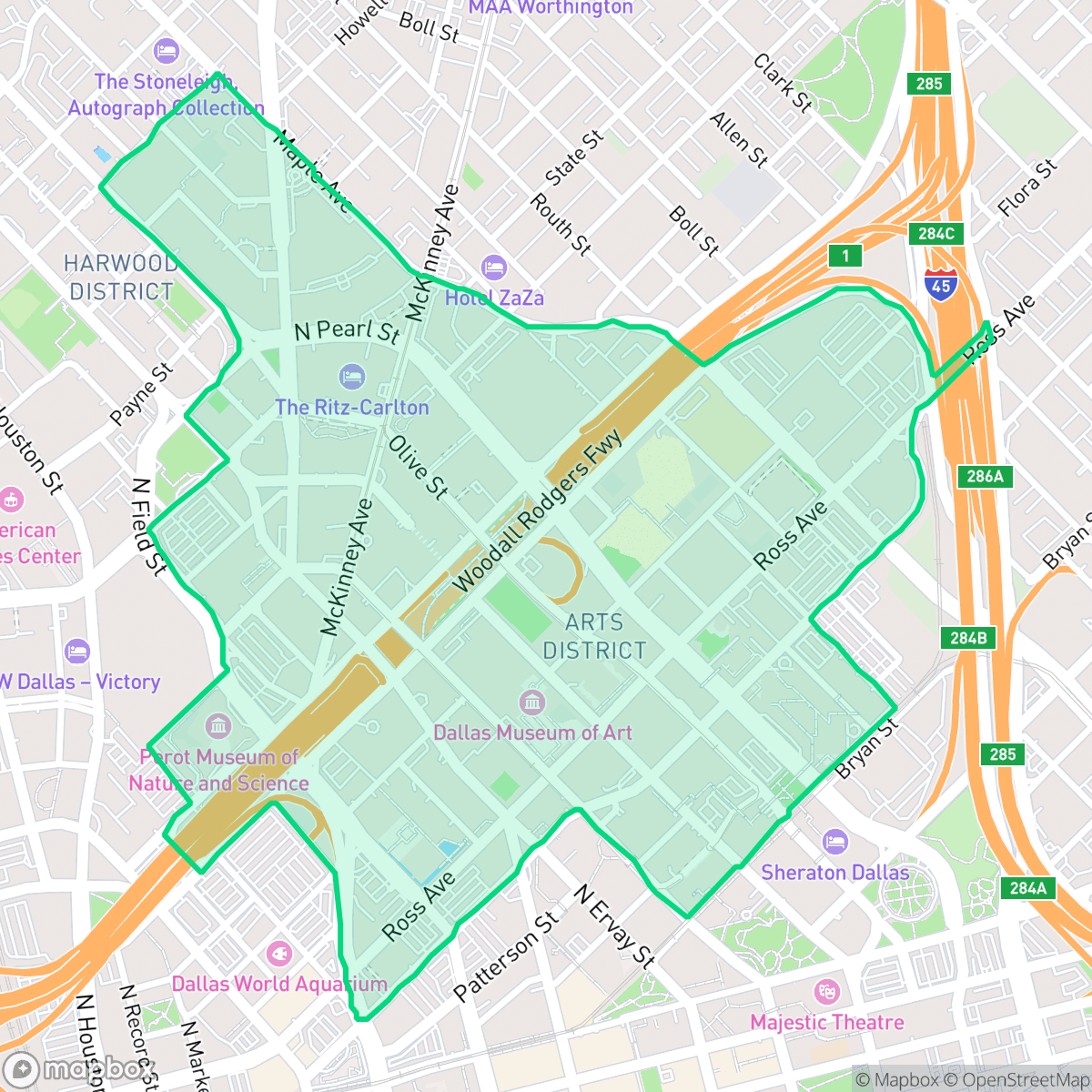 Map showing the location of Klyde Warren Park-Arts District PID, Dallas, TX