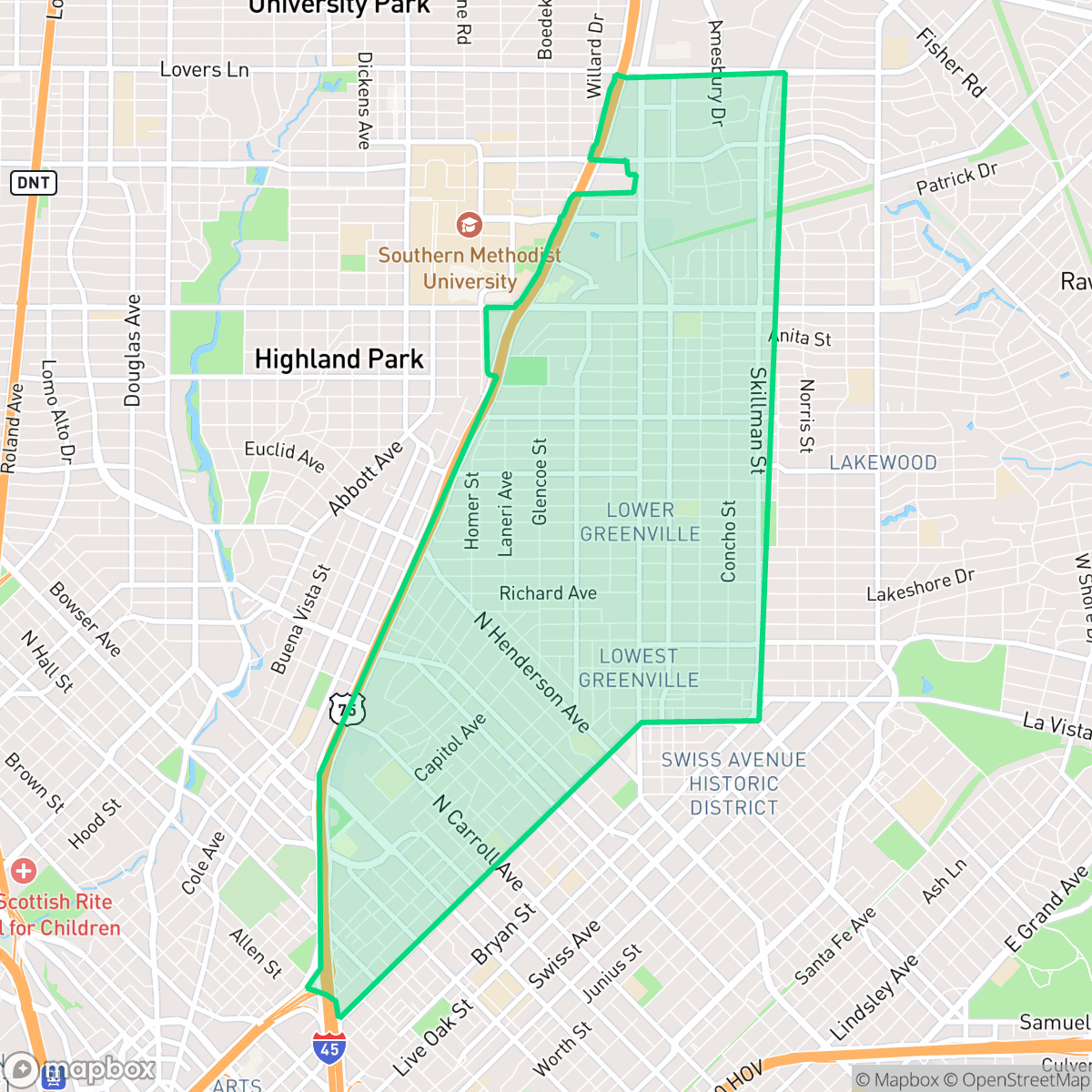 Map showing the location of M Streets, Dallas, TX