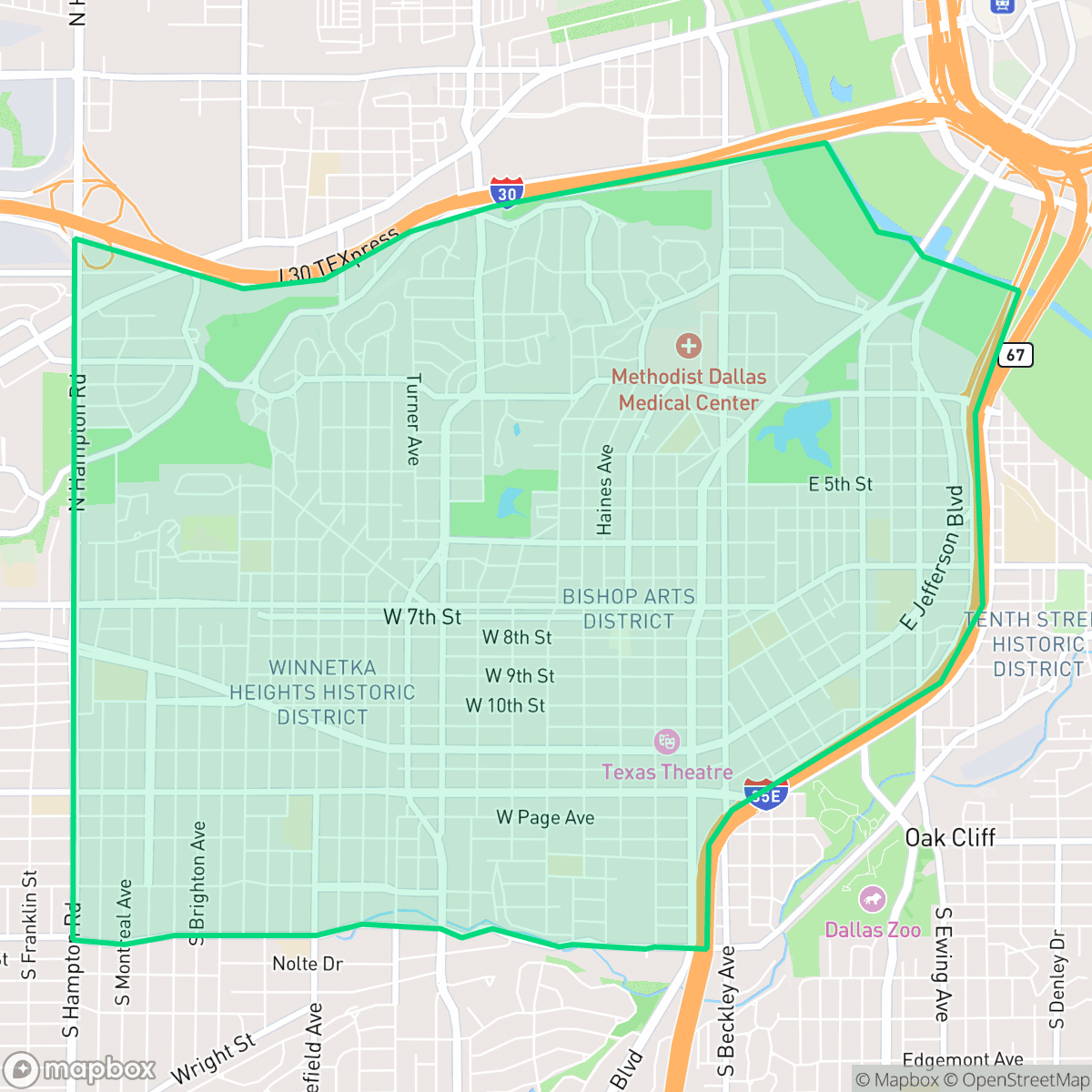Map showing the location of Oak Cliff, Dallas, TX