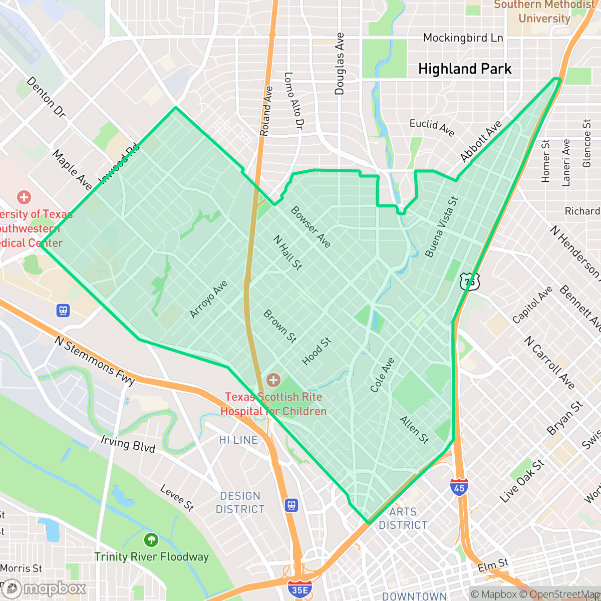 Map showing the location of Oak Lawn, Dallas, TX