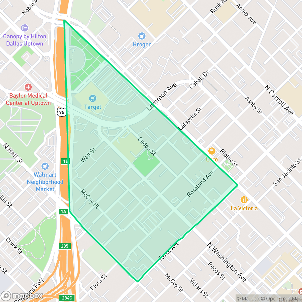 Map showing the location of Roseland Neighborhood, Dallas, TX
