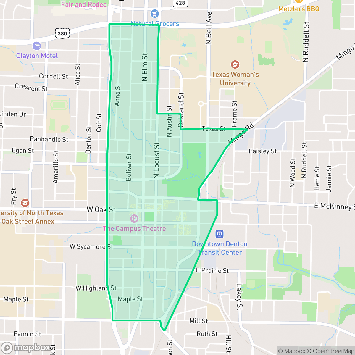 Map showing the location of Downtown, Denton, TX