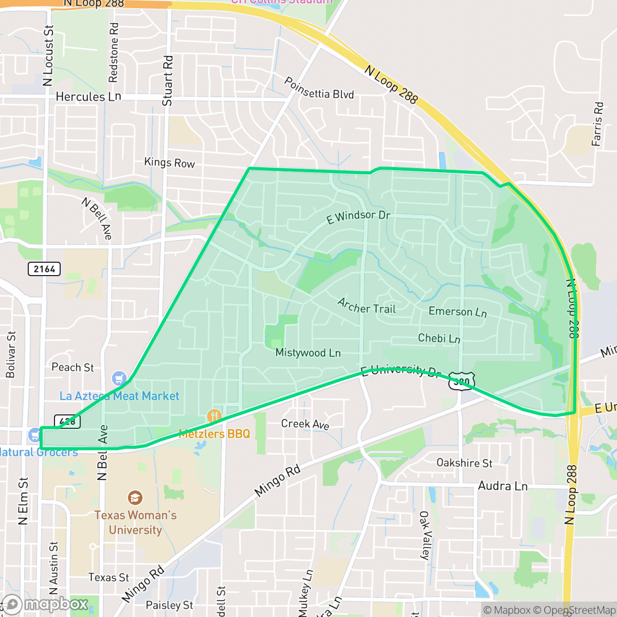 Map showing the location of Idiot's Hill, Denton, TX