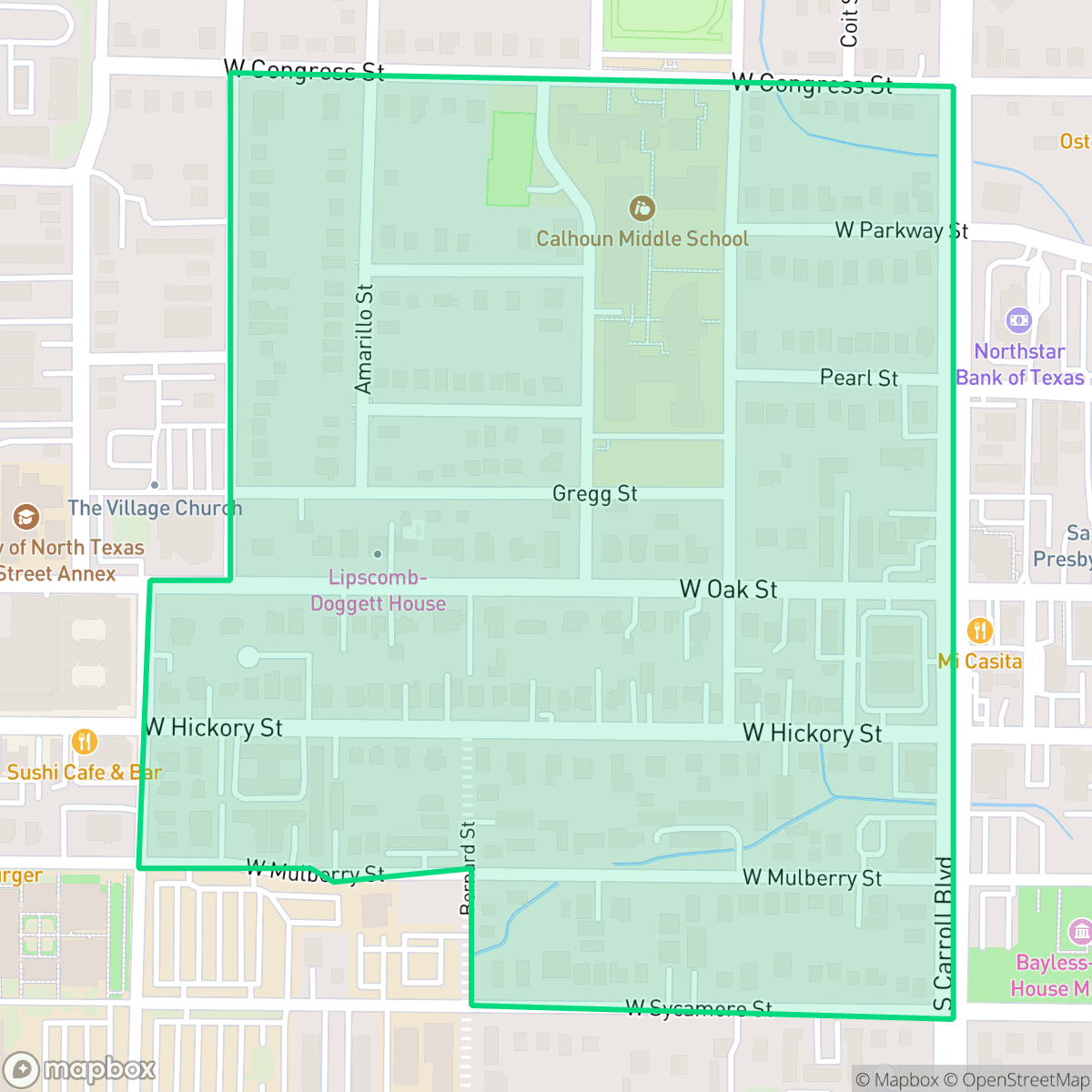 Map showing the location of Oak Hickory Historic District, Denton, TX