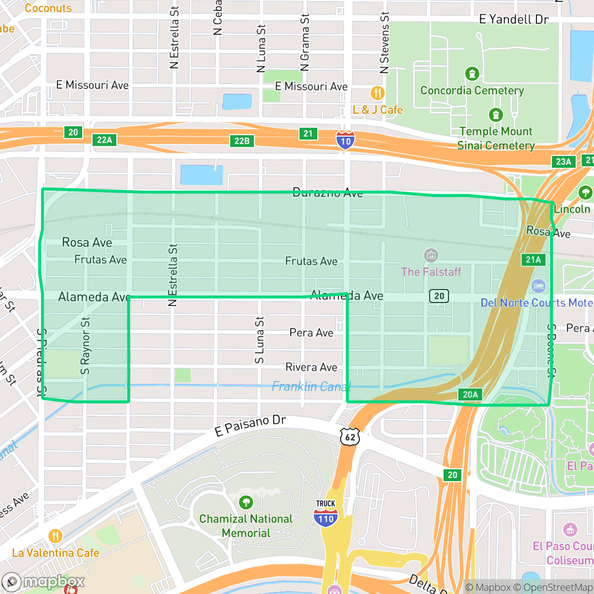 Map showing the location of Alameda Business, El Paso, TX