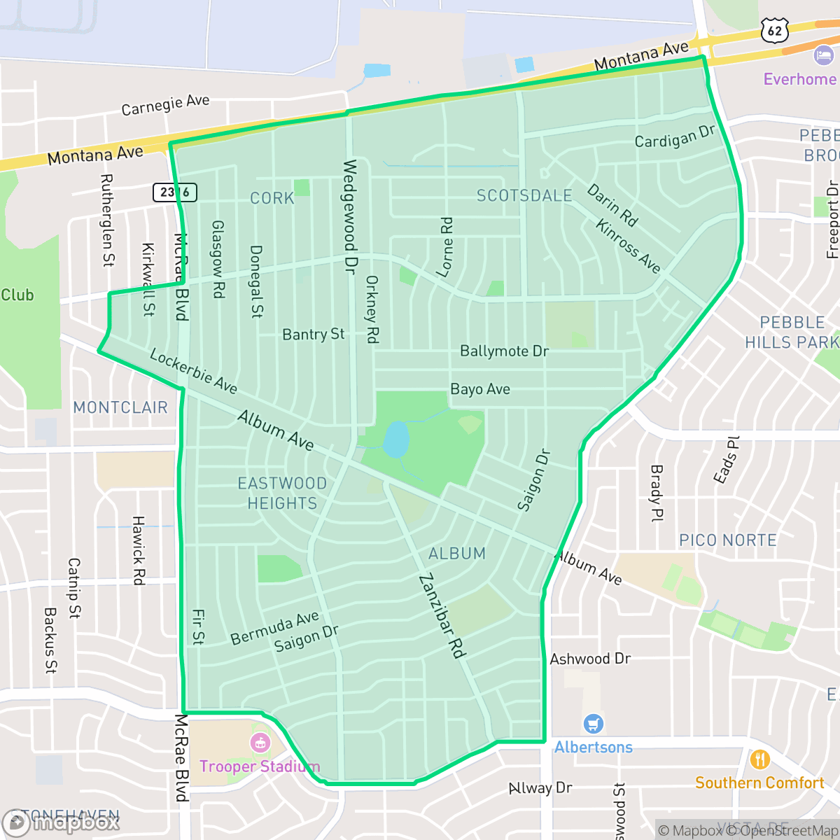 Map showing the location of Album Park, El Paso, TX