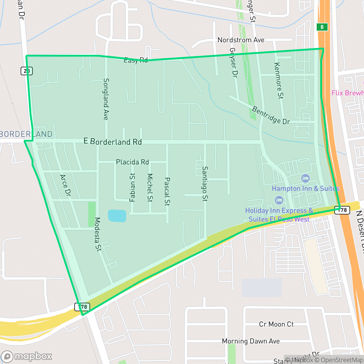 Map showing the location of Borderland, El Paso, TX