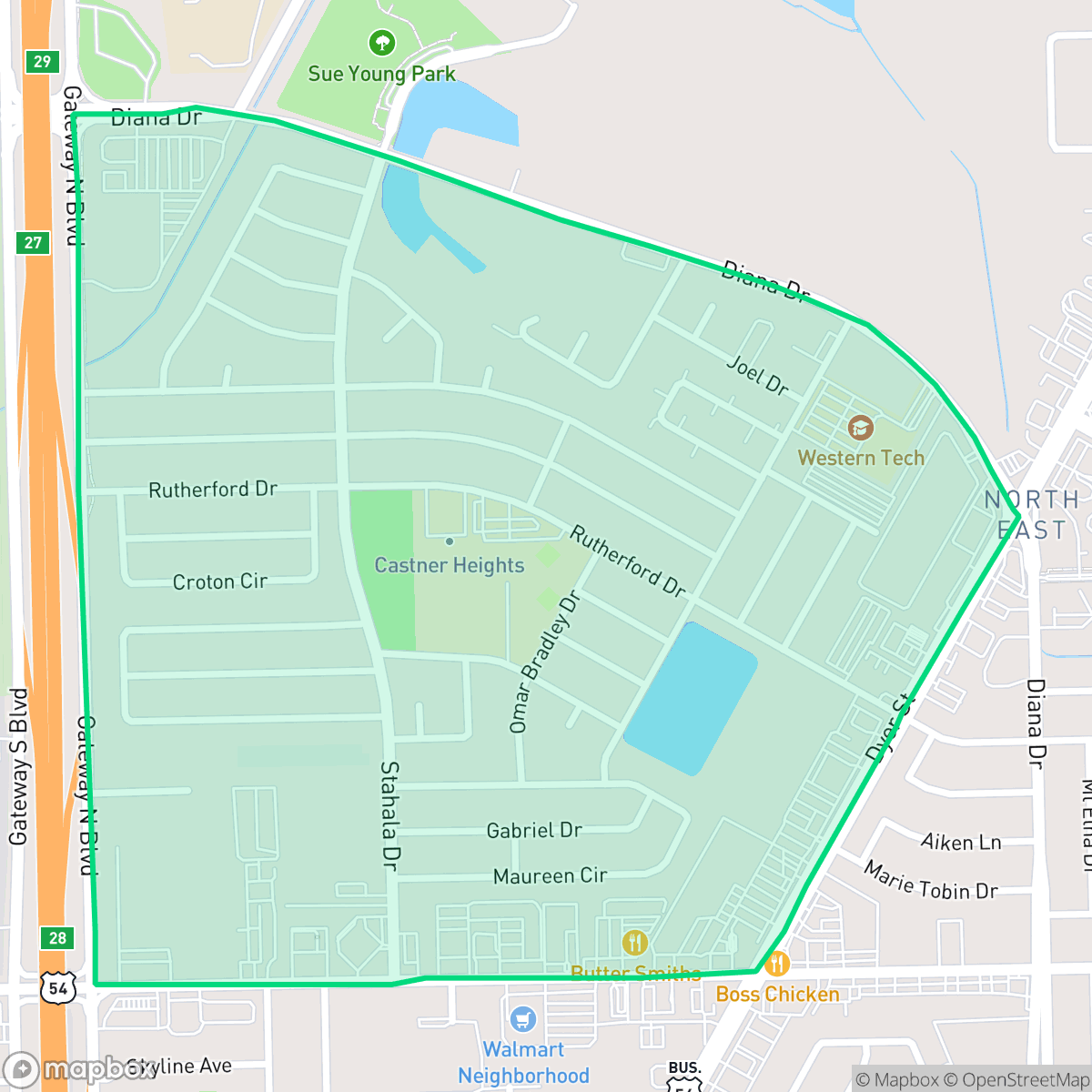 Map showing the location of Castner Heights, El Paso, TX