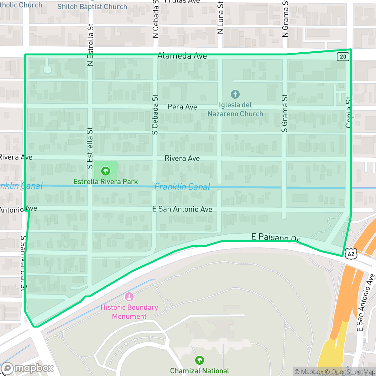 Map showing the location of Chamizal, El Paso, TX