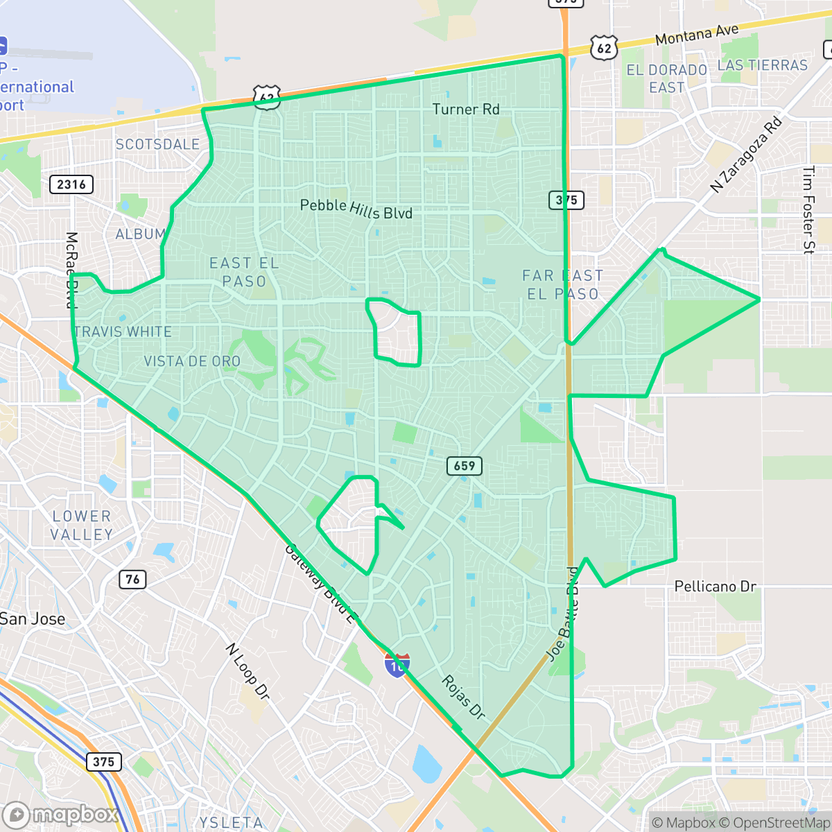 Map showing the location of East Side, El Paso, TX