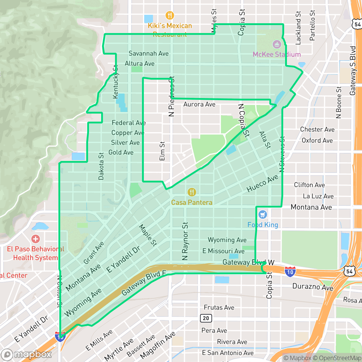Map showing the location of Five Points, El Paso, TX