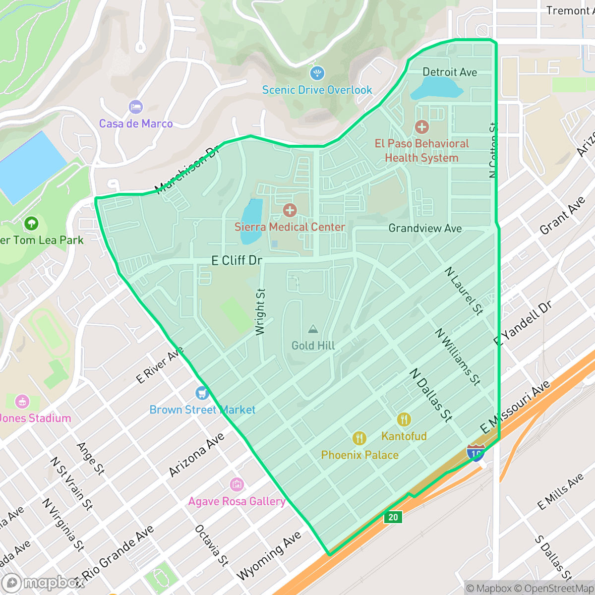 Map showing the location of Golden Hills, El Paso, TX