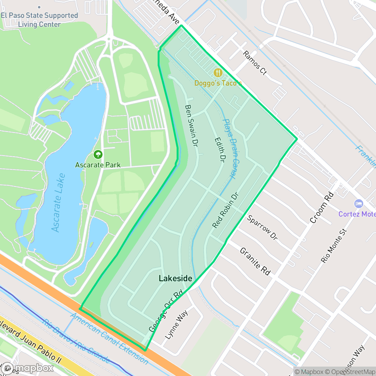 Map showing the location of Lakeside, El Paso, TX