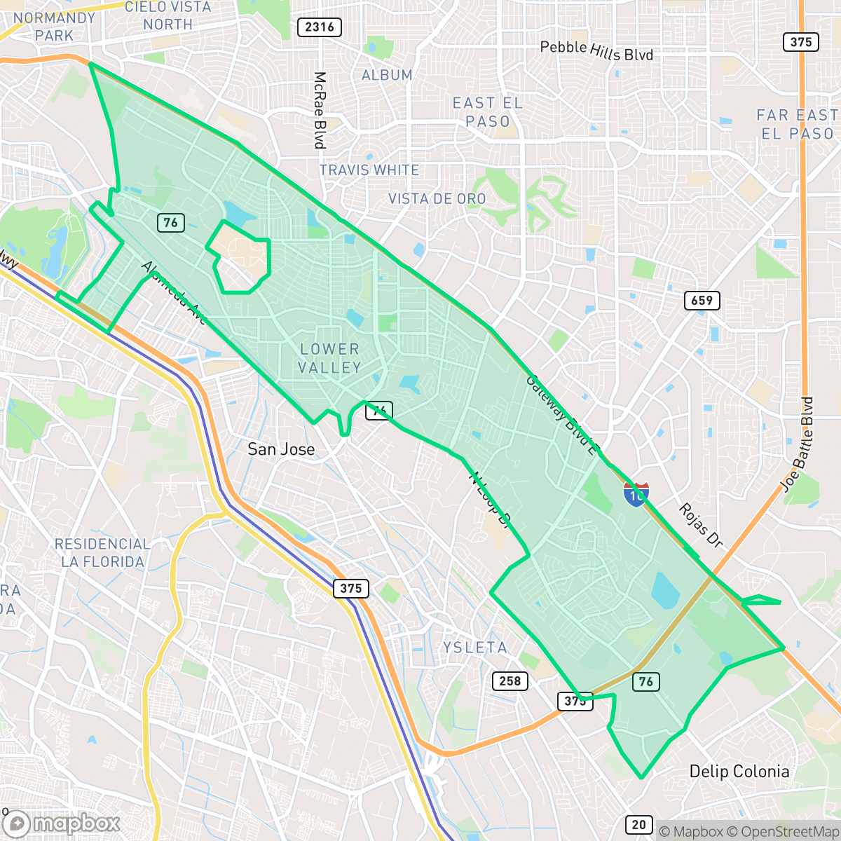 Map showing the location of Lower Valley, El Paso, TX