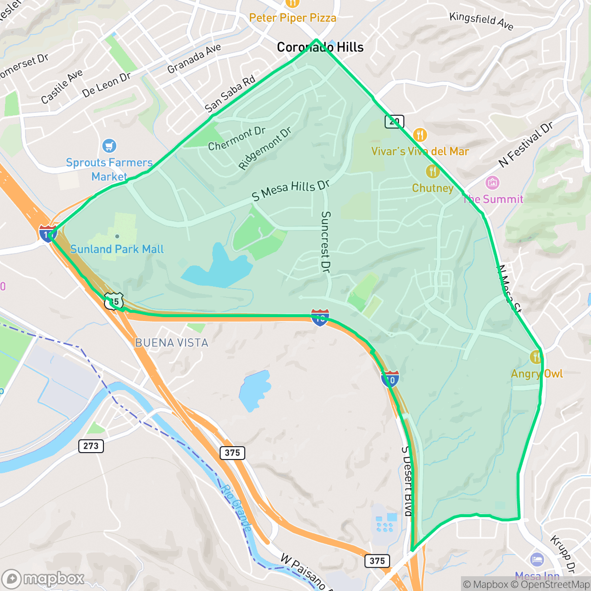 Map showing the location of Mesa Hills, El Paso, TX