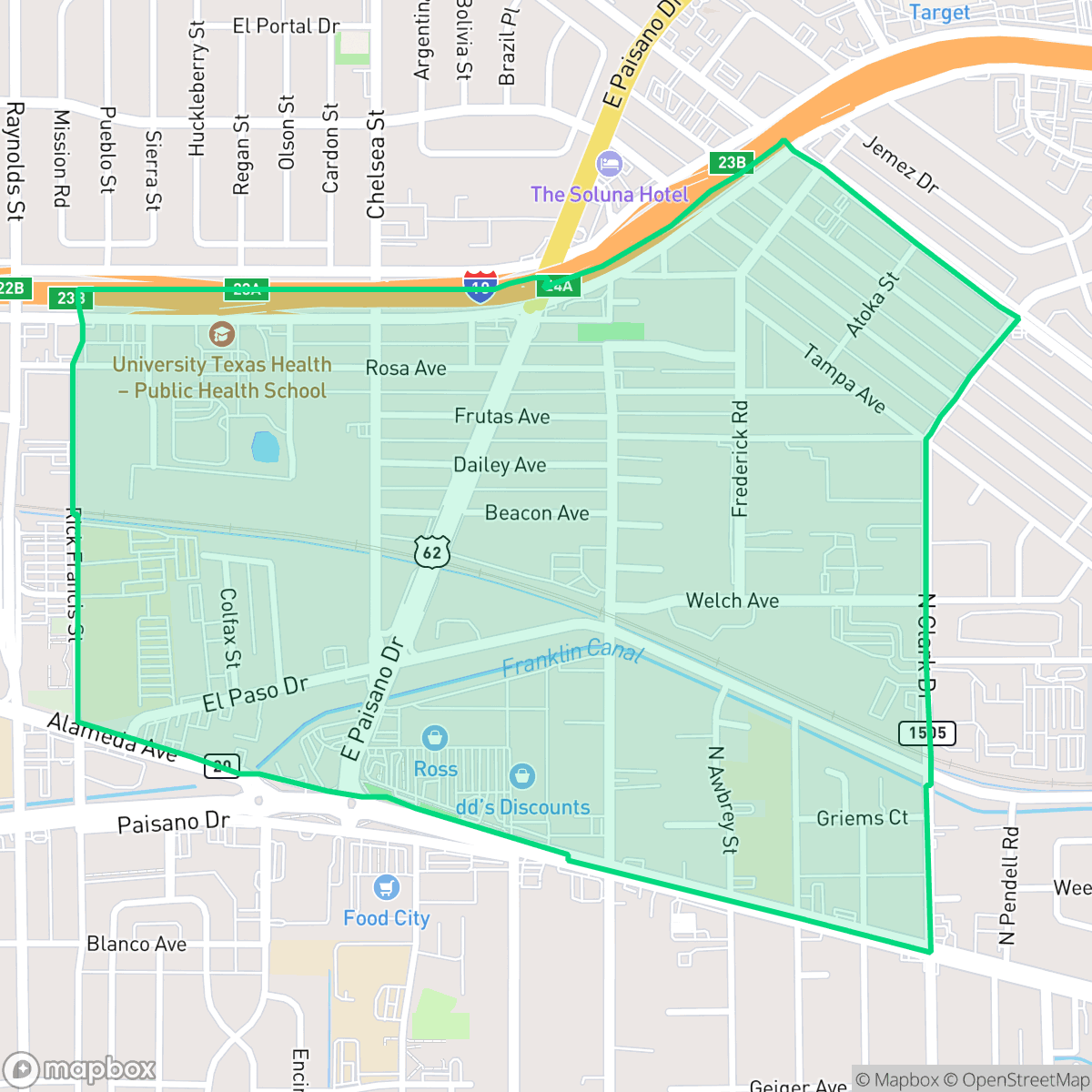 Map showing the location of San Juan, El Paso, TX