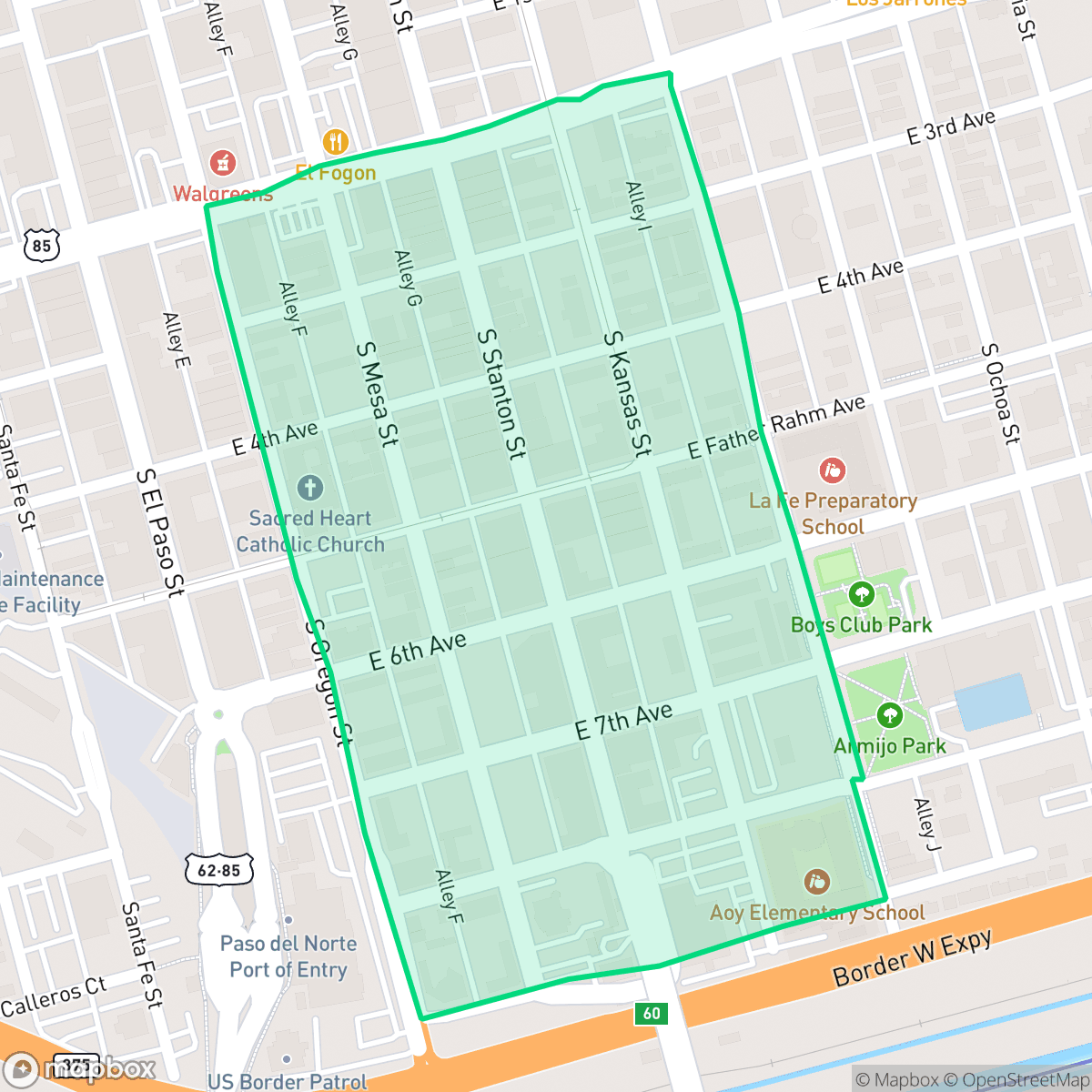 Map showing the location of South Mesa, El Paso, TX