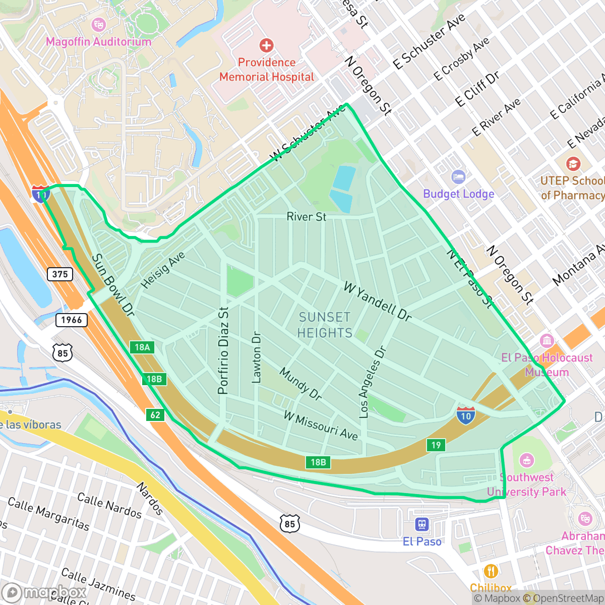 Map showing the location of Sunset Heights, El Paso, TX