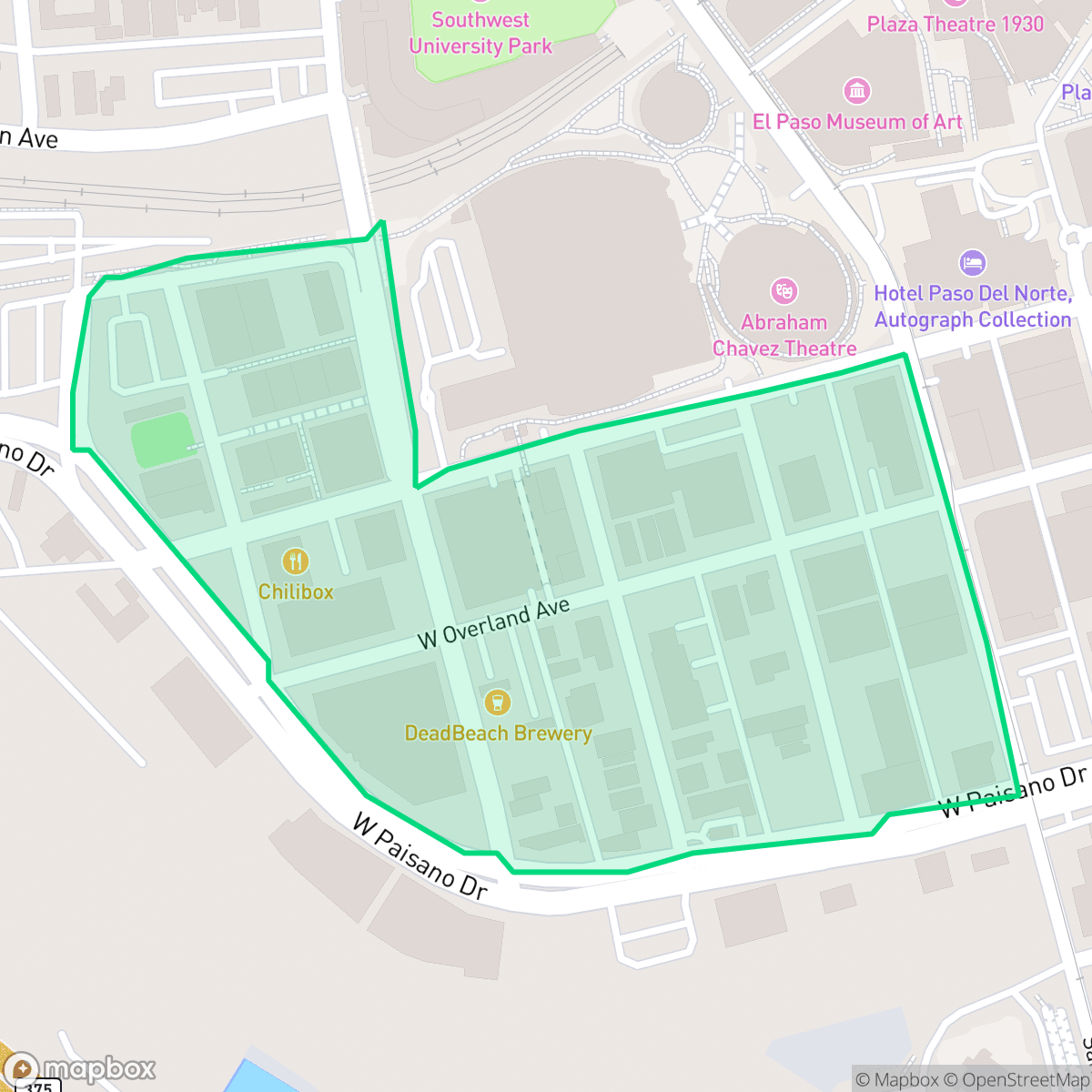 Map showing the location of Union Plaza, El Paso, TX
