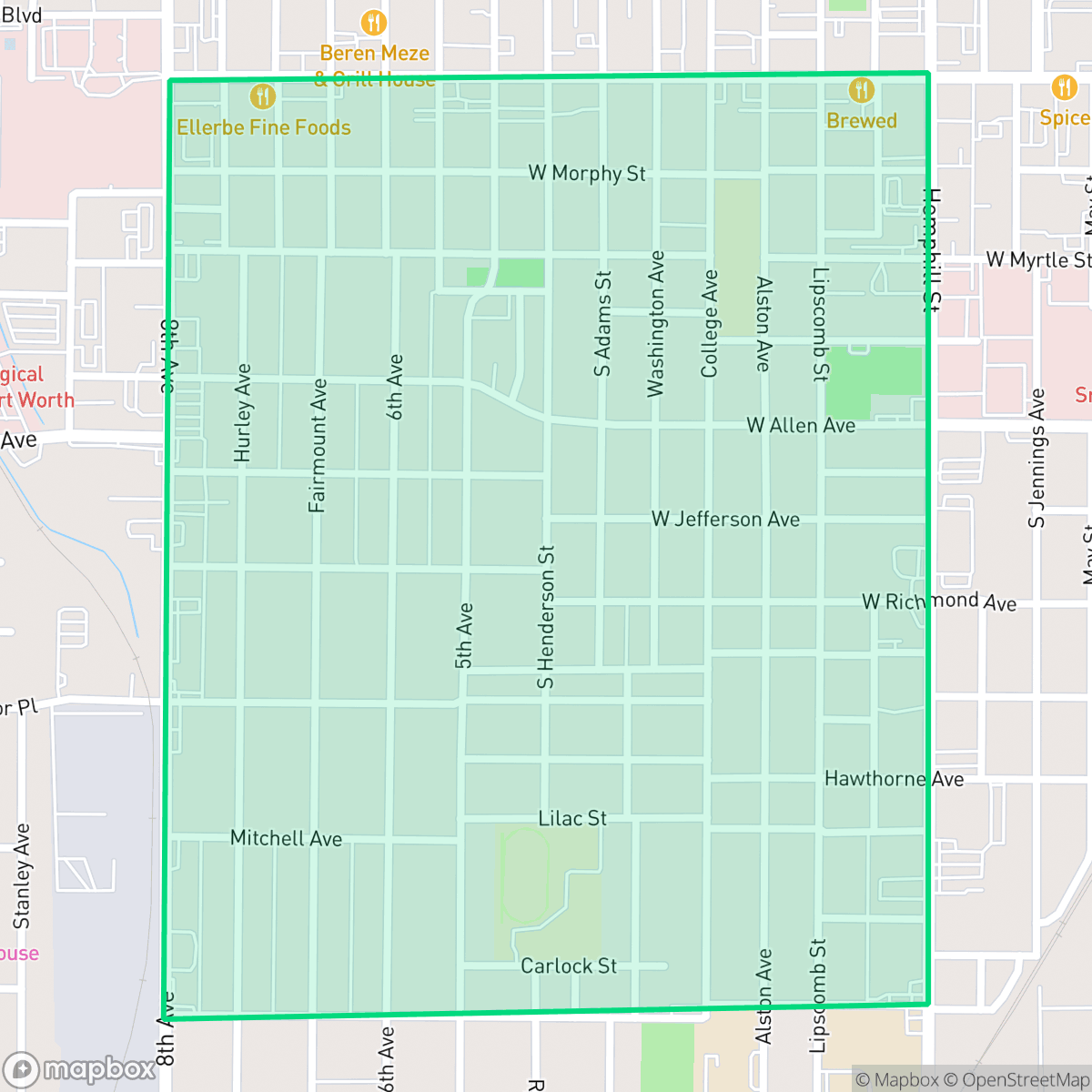 Map showing the location of Fairmount, Fort Worth, TX