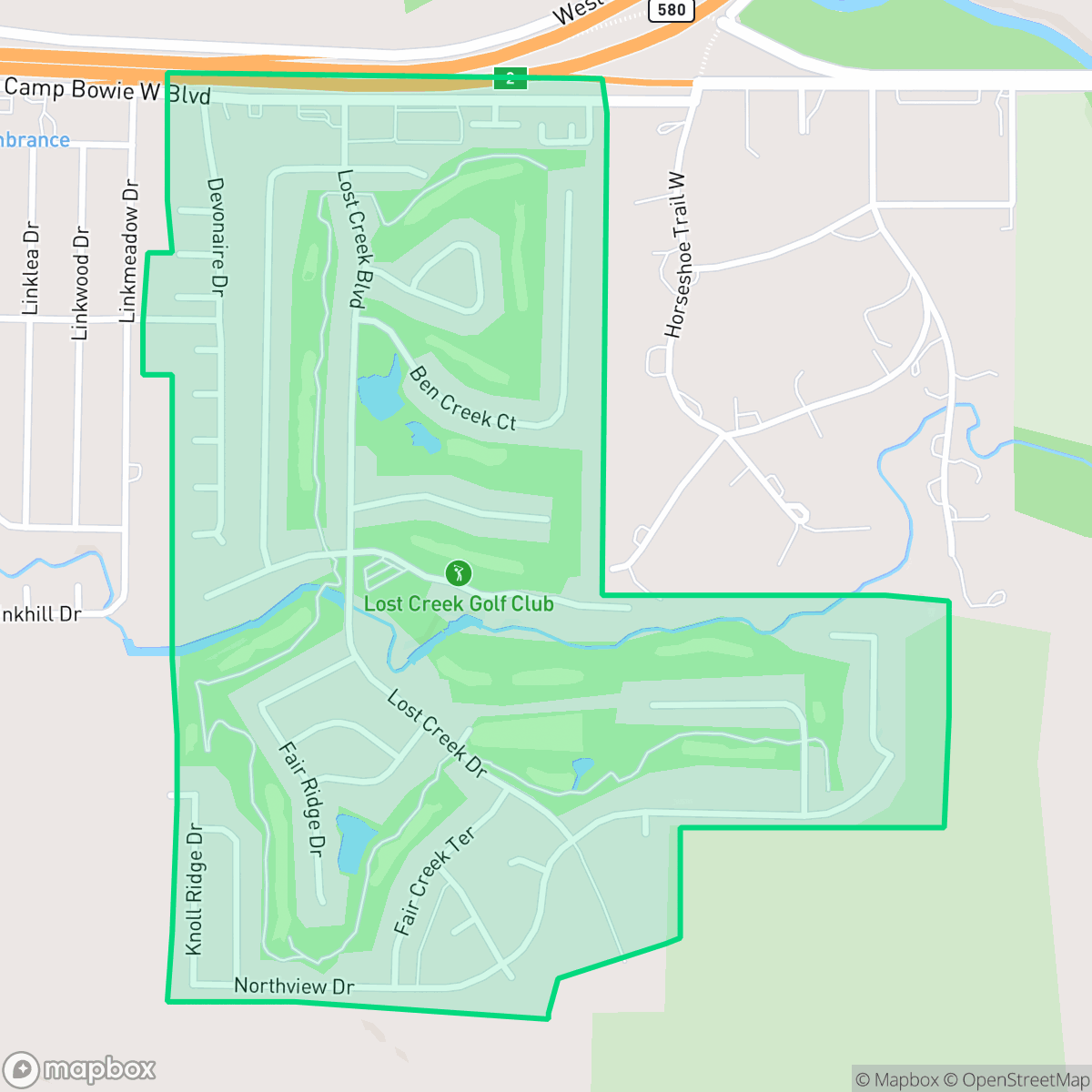 Map showing the location of Lost Creek, Fort Worth, TX