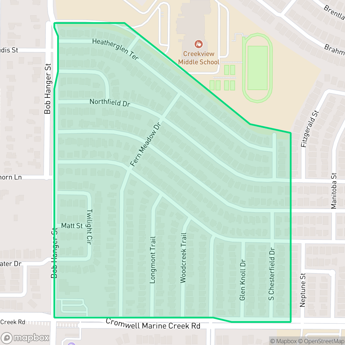 Map showing the location of Marine Creek Hills, Fort Worth, TX
