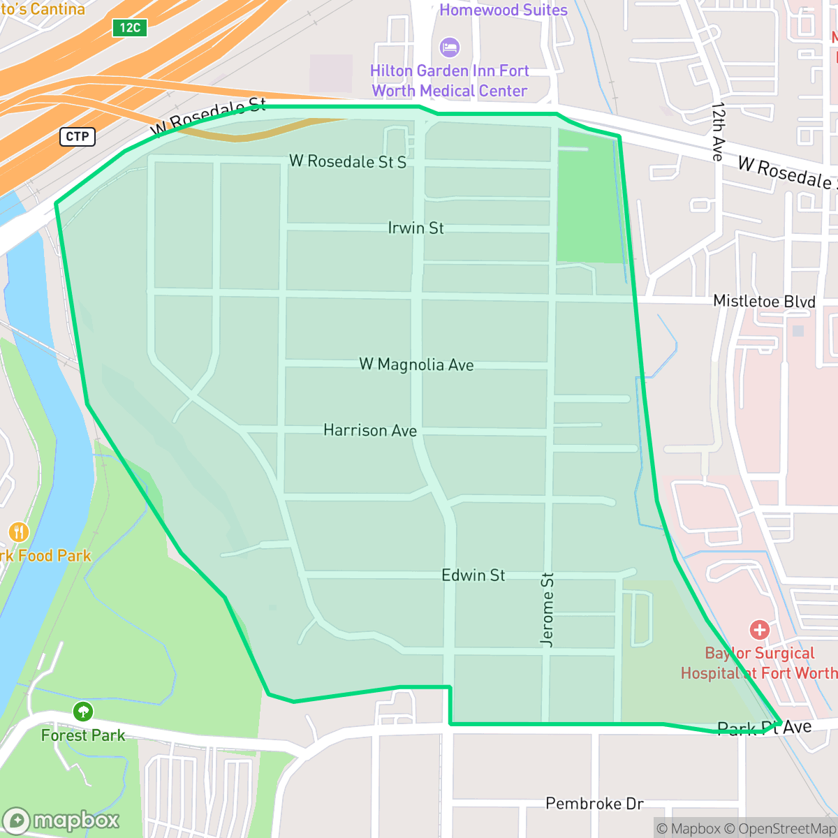 Map showing the location of Mistletoe Heights, Fort Worth, TX
