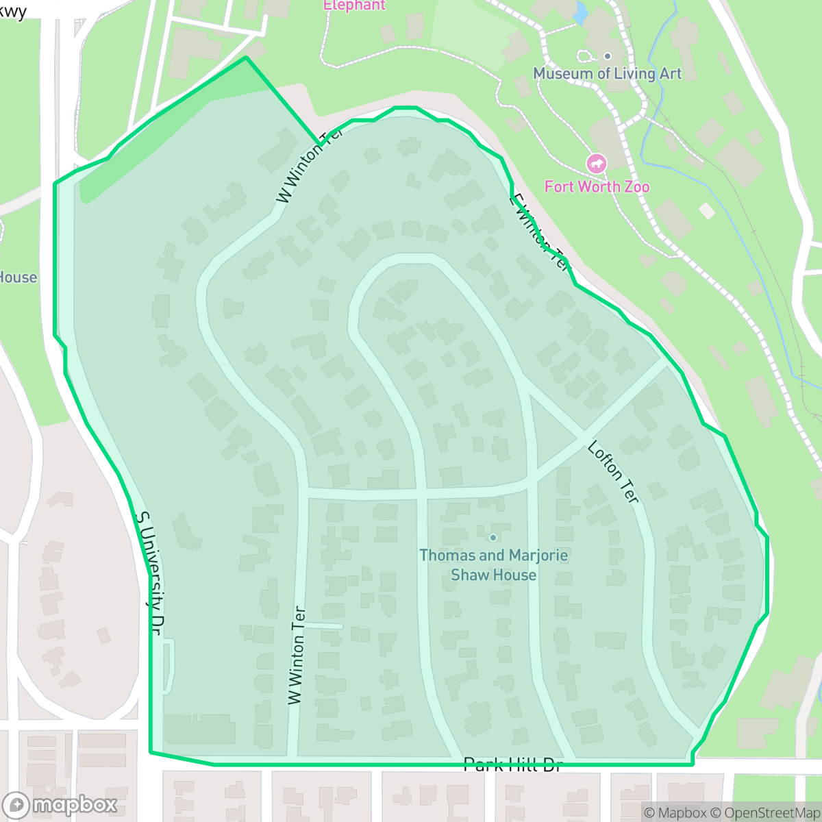 Map showing the location of Park Hill, Fort Worth, TX