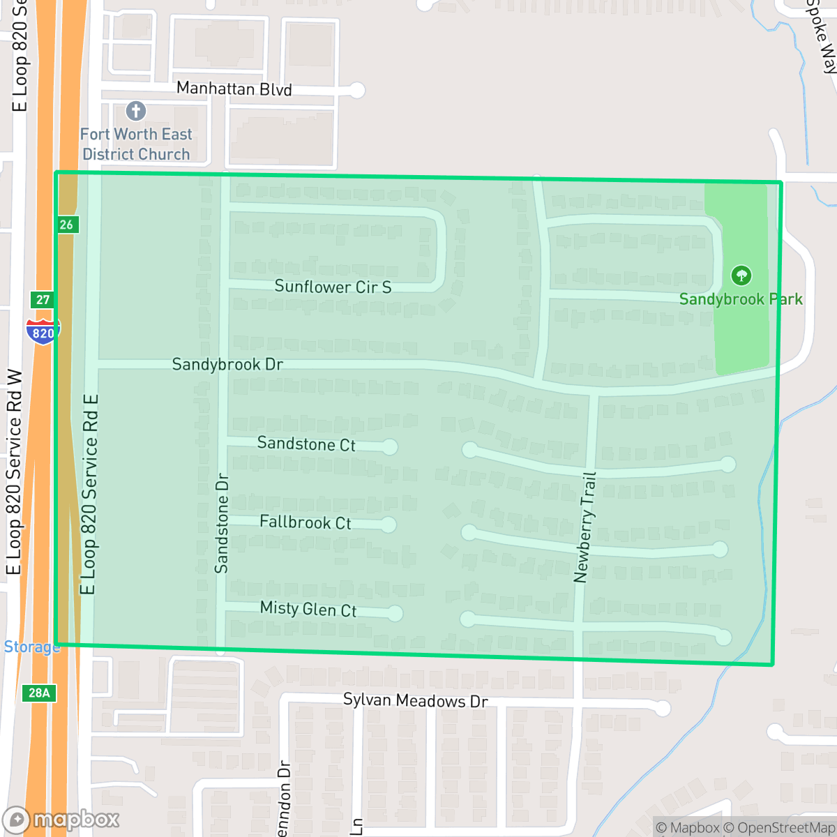 Map showing the location of Sandybrook, Fort Worth, TX