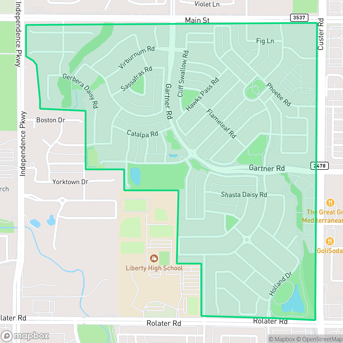 Map showing the location of The Grove Frisco, Frisco, TX