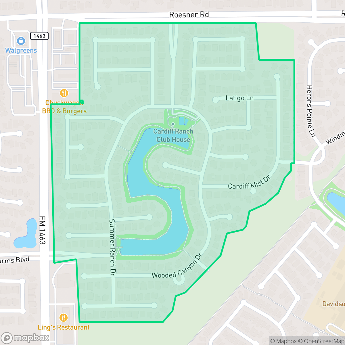 Map showing the location of Cardiff Ranch, Fulshear, TX